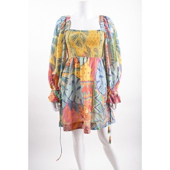 Farm Rio Womens Summer Tapestry Mini Dress XS Blouson sleeves Multicolor Smocked - Picture 2 of 7